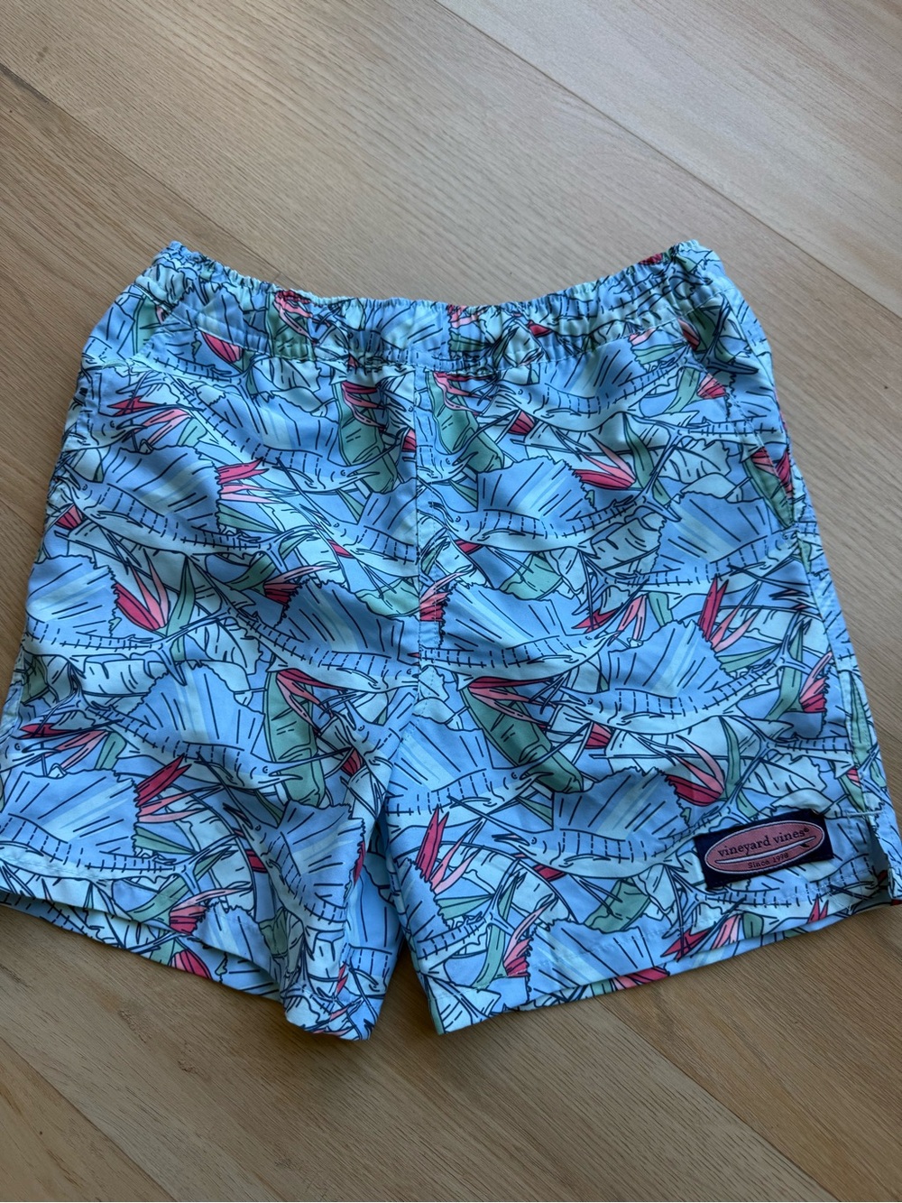Vineyard Vines Light Blue Tropical Leaf Print Kids Swim Trunks
